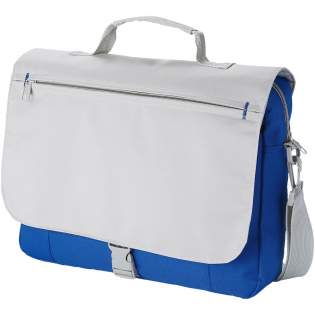 Shoulder bag with adjustable shoulder strap, padded handle, front zipper pocket, main zippered compartment and organisation section under flap.