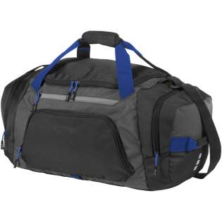 Milton sports duffel bag. Exclusive design sports bag with adjustable shoulder strap, one of the 2 side pockets is a vented shoe compartment, on the front of the travel bag is a easy acces pocket and a zippered compartment with 2 inner pockets. The main compartment offers a zippered mesh pocket. 600D Polyester, 600D Ripstop Polyester. 