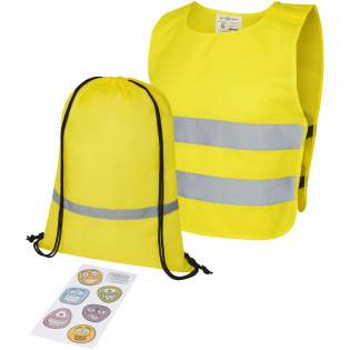 Complete safety and visibility set for children aged 3 to 6 years. This back-to-school giveaway set contains a reflective drawstring backpack, safety vest, and a 6 pieces of funny reflective stickers. The reflective backpack has a large compartment with drawstring closure and is tested and certified under regulation EN 1150:1999. The high visibility vest in XXS size is suitable for children aged 3-6 years with a height between 70-104 cm. Large decoration area on the front and on the back of the vest. On the shoulder and the bottom elastic bands there are hook & loop closures, that offers extra safety and makes the vest easy to put on. The elastic bands on the other side makes it stretchable allowing for easy wearing on thick coats. The vest is tested and certified under regulations EN 1150:1999. It also adheres to the PPE guidelines on application of Regulation (EU) 2016/425 Personal Protective Equipment Category II. The reflective stickers can be placed on the backpack, bike, or bike helmet. The reflective stickers are EN 13356:2001 compliant and certified in accordance with EN 13356:2001 Type 3. 