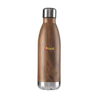 Double-walled, vacuum-insulated, stainless steel water bottle. With leakproof screw top. This elegant model has a striking, attractive top layer with a wood grain pattern. Suitable for maintaining the temperature of cold or hot drinks. Capacity 500 ml. Each piece in a box.