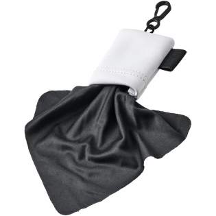 Microfiber cleaning cloth for cleaning glasses, mobile phones, computer screens, and more. Packed in pouch with snap-on carabiner for easy carrying.
