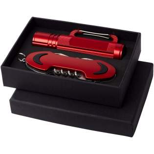 10 function pocket knife with LED carabiner flashlight in black carton gift box with EVA inlay. Batteries included. .