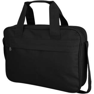 Conference bag with a zippered large main compartment and front large pocket with hidden zipper. Reinforced double carry handle with pad. Adjustable shoulder strap. 