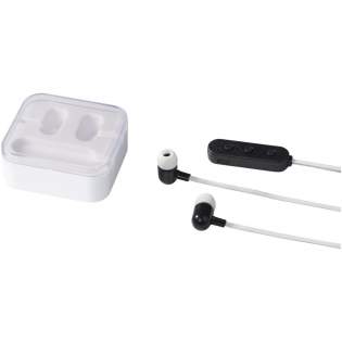 Lightweight Bluetooth® earbuds with an internal rechargeable battery that provides up to 2.5 hours of non-stop music at max volume. The earbuds feature a built-in music control and microphone. Micro charging cable included. Supplied in a transparent case.
