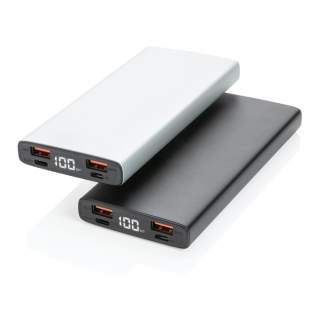 Charge all your mobile devices with the fastest charging speed possible. This aluminium 18W PD powerbank comes with an ultra fast type C output and a QC 3.0 USB A output. The item has a 10000 mah A grade li-polymer battery to charge your device up to 5 times. With battery indicator lights to show the remaining energy level. Micro USB Input 5V/2A; Type-C Input 5V/3A, 9V/2A, 12V/1.5A; USB output 5V/2.1A; QC 3.0 output 5V/3A,9V/2A,12V/1.5A; Type-C Output 5V/3A,9V/2A,12V/1.5A 18W max(PD 3.0) ;USB-A Output: 5V/3A,9V/2A,12V/1.5A 18W max(PD 3.0) Including PVC free TPE material micro charging cable.