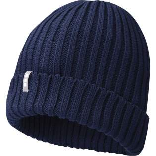 Sustainable promotional headwear. Single layer beanie with double folded edge. Branded loop label.