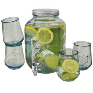 5-piece 100% recycled glass beverage drink set featuring 4 glasses (400 ml) and 1 dispenser (4L) with stainless steel lid. With this beverage dispenser set you can serve sangria, fresh juice, and ice tea on a grand scale with all features you’ll need to keep the party flowing. The fully assembled stainless steel tap provides an easy long-lasting pour every time. Every piece is made of recycled glass bottles. Recycled glass is manufactured using less energy, raw material, and additives, than what is required for making traditional glass. Dishwasher safe.