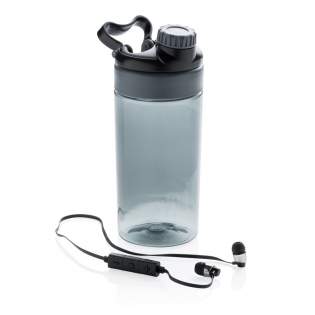 Auslaufsichere Tritan-Flasche mit kabellosen BT 4.0 Kopfhörern. Die 55 mAh Batterie sorgt für Musikgenuss von bis zu 3h. Inkl. Mikrofon, Telefonabnahmefunktion und Lautstärkenregelung. Mit Mikro-USB Ladekabel. Inhalt: 500ml. Nur Handwäsche.