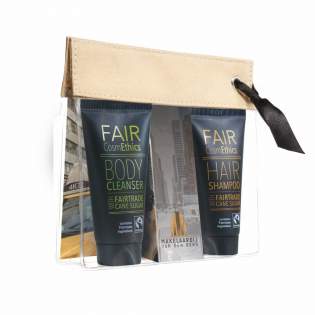 30 ml shower gel and 30 ml shampoo in luxury cosmetic bag with press stud fastening and ribbon, contains Fairtrade certified ingredients. The products are dermatologically tested, not tested on animals, and produced in Germany according to the European Cosmetics Regulation 1223/2009/EG