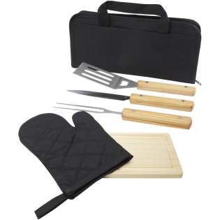 5-piece BBQ set with a shovel (29 x 7 cm), fork (29 x 1.7 cm), knife (29 x 2.4 cm), cutting board (19 x 13 x 1.1 cm), and a glove (25 x 16 cm).