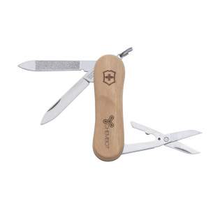 Original Swiss Victorinox pocket knife with a walnut handle, connecting plates made of hard-anodised aluminium and tools made of 95% recycled steel. 3-pieces with 5 functions: • blade • file with wire stripper • scissors • key ring. Includes instructions and a lifetime guarantee. Victorinox knives are a worldwide symbol for reliability, functionality and perfection. Please note local rules may apply regarding the possession and/or carrying of knives or multitools in public. Each piece in a box.