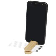 Bamboo cable manager to keep cables neat and organized. It also functions as a phone stand, making it the perfect desk accessory. Size: 90 x 24 x 18 mm. Delivered in a gift box made of sustainable material.