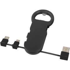 Kombination aus einem Flaschenöffner und einem 3-in-1-Ladekabel. Das Ladekabel verfügt über einen USB-Typ-C-Anschluss und einen dual kompatiblen 2-in-1-Anschluss für Apple iOS- und Android-Geräte.
