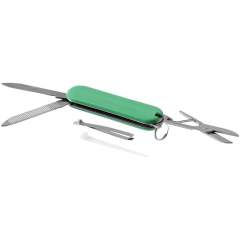 Pocket knife with knife, spring-loaded scissors, tweezers, toothpick, nail file and mini metal split key ring.