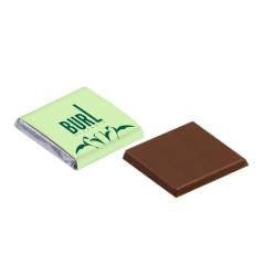 Square napolitain 4,5 gram milk chocolate,  with full colour print recyled paper. UTZ Certified