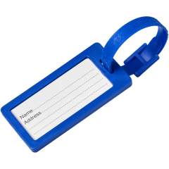 A hard-wearing luggage tag complete with paper insert, a clear protective cover, and a matching plastic strap. .