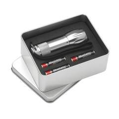 Aluminium torch with 9 LED-lights and removable wrist strap. Meas. Ø 2.7 x 9.7 cm. Batteries incl. Each piece in a gift tin.