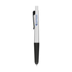 Blauschreibender Kugelschreiber in Metall-Optik mit grifffestem Vorderteil, Druckknopf und Gummispitze/Pointer für das Bedienen von Touchscreens (z.B. iPhone/iPad).