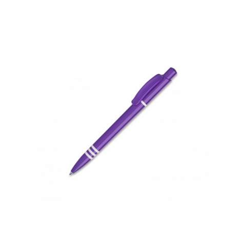 The Tropic Colour ball pen in hardcolour has a large imprint space on both, clip, and barrel. With a coloured barrel, pusher, and clip. The barrel has three white coloured rings. Includes a pusher mechanism and a blue writing Jumbo refill. The pen is made of ABS plastic and is made in Europe. From orders of 5.000 pieces, you can choose your own colour combination.