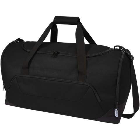 Durable duffel bag made out of 100% GRS certified recycled, post-consumer plastic which contributes to the reduction of plastic waste. Features large main compartment and front zipper pocket, padded shoulder strap, and padded handles. Approximately 27 bottles are recycled to make this bag.