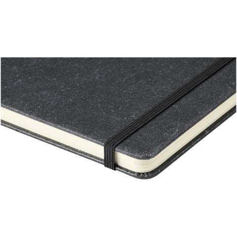 A5 size reference notebook with cover made of leather leftover pieces. Features an elastic band, pen loop, ribbon marker and 80 sheets, 80 g/m² lined paper.