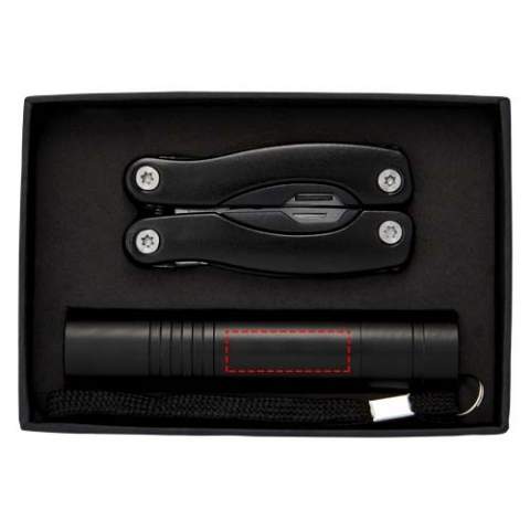 11 function mini multi tool with LED flashlight in black carton gift box with EVA inlay. Batteries included. .