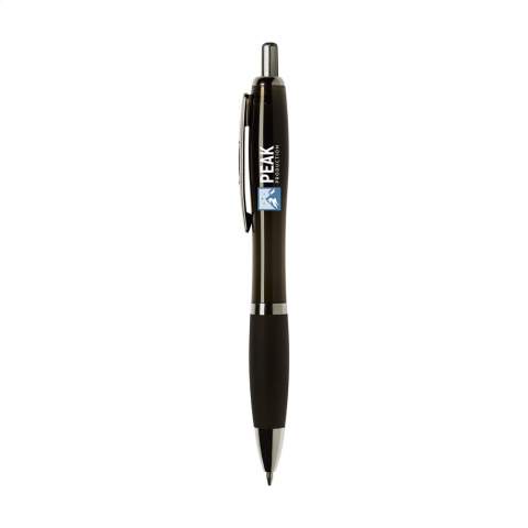 Blauschreibender oder schwarzschreibender Kugelschreiber mit transparentfarbener Gehäuse, grifffestem Vorderteil und Metallclip.
