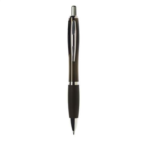 Blue or black ink ballpoint pen with transparant coloured barrel, non-slip grip and metal clip.