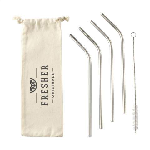 Four reusable stainless-steel straws. An ecologically responsible alternative to plastic straws. Set includes stainless steel nylon cleaning brush and canvas pouch. Perfect for cold drinks such as smoothies or cocktails. It also adds a visually pleasing touch to any drink.