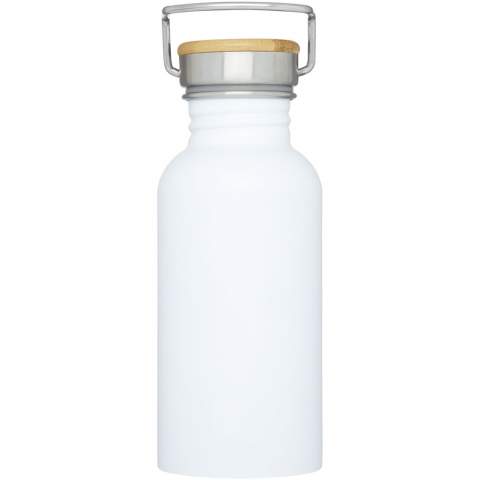 Single-walled stainless steel bottle with screw-on lid. The lid features a bamboo top, as well as a handle for easy carrying. Volume capacity is 550 ml. Presented in an Avenue gift box.