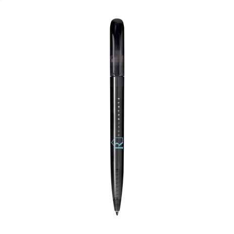 Blue or black ink ballpoint pen with a transparent coloured holder, curved clip and twist mechanism.