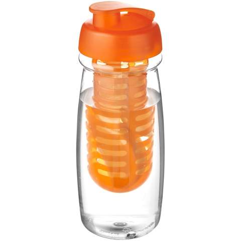 Single-wall sport bottle with a stylish curved shape. Bottle is made from recyclable PET material. Features a spill-proof lid with flip top and a removable infuser which allows you to add your favourite fruit flavour into your beverage. Volume capacity is 600 ml. Mix and match colours to create your perfect bottle. Contact customer service for additional colour options. Made in the UK. Packed in a home-compostable bag. BPA-free.