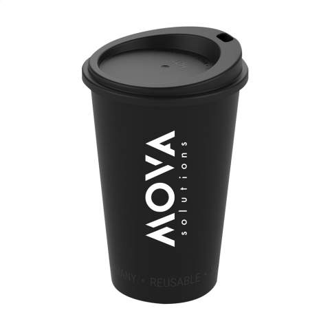 Tasse à café pour emporter réutisable en PP plastique. Couvercle avec une ouverture pour boire. Mug pratique pour les déplacements. Sans BPA. Capacité 300 ml. Fabriqué en Allemagne.