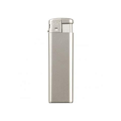 An electronic refillable metallic lighter. Child-resistant.