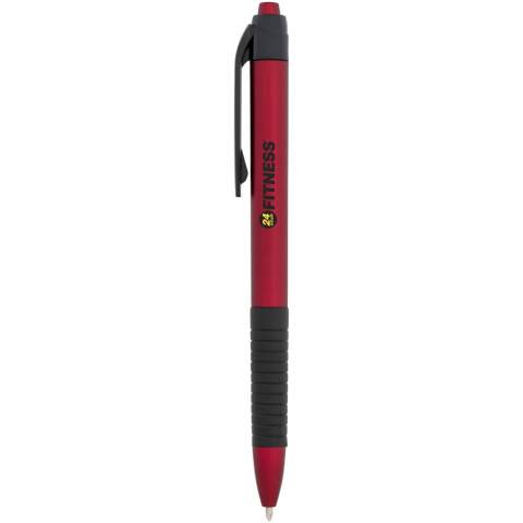 Click action ballpoint pen with metallic finish and rubberized grip.