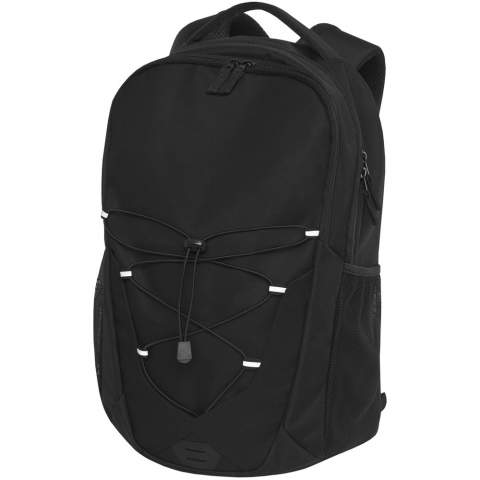 A mix of an outdoor and daily backpack with coloured facing and elastic cord with reflective accents on the front panel. Features two external water bottle meshed pockets, front compartment with several small divisions, a hook for easy storage, and a 12" tablet sleeve. The backpack has a padded reinforced handle and a comfortable padded back. Fits a 15.6" laptop in a padded sleeve inside the main compartment.