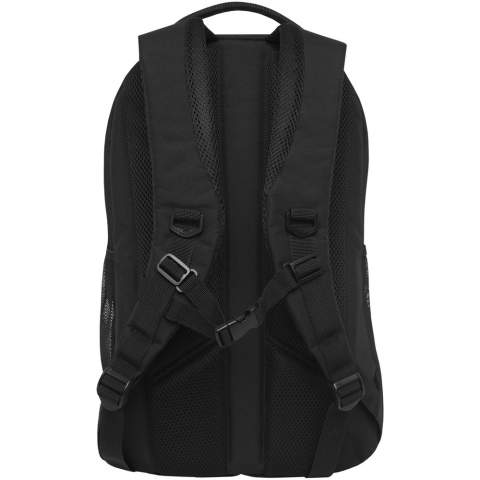 A mix of an outdoor and daily backpack with coloured facing and elastic cord with reflective accents on the front panel. Features two external water bottle meshed pockets, front compartment with several small divisions, a hook for easy storage, and a 12" tablet sleeve. The backpack has a padded reinforced handle and a comfortable padded back. Fits a 15.6" laptop in a padded sleeve inside the main compartment.