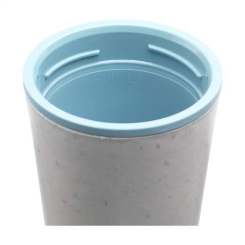 Double-walled, circular reusable coffee cup with lid from Circular&Co. The outer insulating layer of this cup is made from used, recycled single-use paper coffee cups. With inner wall and lid made of PP. 100% leak free. The insulating effect keeps your hot drink hotter and cold drink colder for longer. The lid is designed with patented 360-degree technology, which allows you to sip from any angle. The coffee cup can be opened and closed with one hand and one click. Ideal for on the go. Food Safe, BPA-free and Melamine-free. 100% recyclable. Capacity 340 ml. Made in the UK.