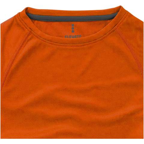 Self fabric collar. Crew neck. Raglan sleeves. Narrow flatlock stitching details. Reflective details. Satin neck tape. Double needle stitching detail. Heat transfer main label for tagless comfort.