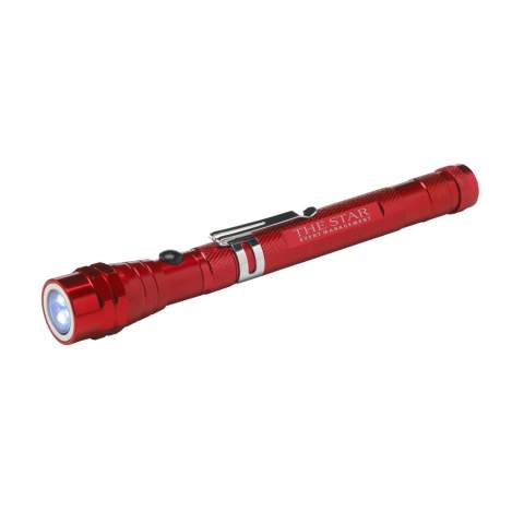 Stainless steel torch with 3 bright white energy efficient LED lights. Equipped with a telescopic function, extendable to 56.5 cm, flexible, magnetic top and clip. Batteries incl. Each piece in a box.