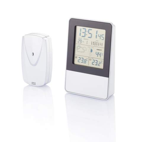 In/outdoor weather station with LCD screen and special outdoor sensor. Functions: Time and calendar, indoor/outdoor temperature, weather forecast, humidity and alarm.