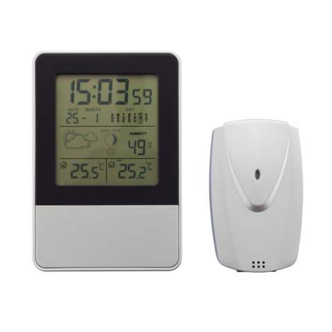 In/outdoor weather station with LCD screen and special outdoor sensor. Functions: Time and calendar, indoor/outdoor temperature, weather forecast, humidity and alarm.