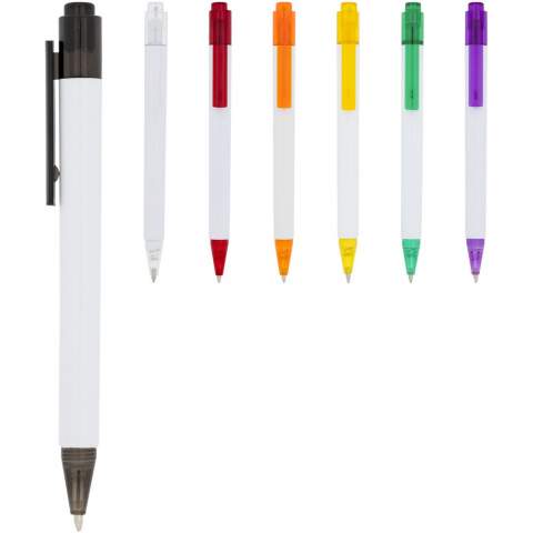 The Calypso ballpoint pen has sleek white barrels withtranslucent coloured nose and clip.