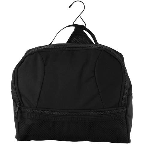 Toiletry kit with a rear metal hook, gusseted elastic pockets for toiletries with front zippered mesh pocket for accessories and carry handle.
