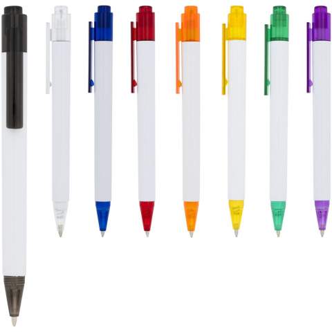 Le stylo à bille Calypso est doté d’un corps blanc élégant avec un clip de couleur translucide.