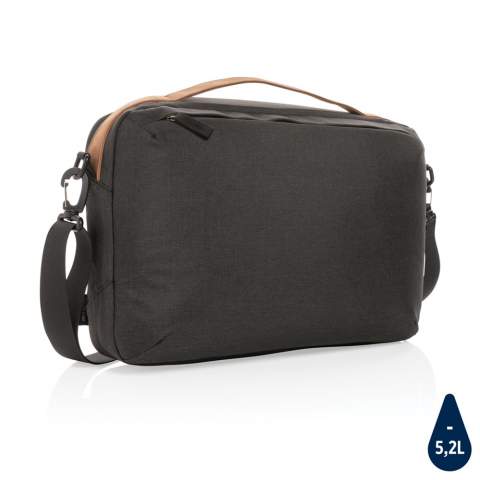 Look sharp in and out of the office with this sleek looking minimalistic design laptop bag. The main compartment features a 15.6 inch laptop compartment and two open mesh pockets. Front zipper pocket. On the top you can find a PU handle. The exterior material and lining is made with recycled polyester. With AWARE™ tracer that validates the genuine use of recycled materials. Each bag saves 5.2 litres of water and has reused 8.75 0.5L PET bottles. 2% of proceeds of each Impact product sold will be donated to Water.org.