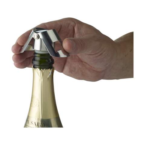 Stilvoller Flaschenstopfen aus Edelstahl für das luftdichte Verschließen von Champagnerflaschen und Weinflaschen mit Korken.