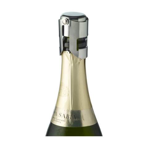 Stilvoller Flaschenstopfen aus Edelstahl für das luftdichte Verschließen von Champagnerflaschen und Weinflaschen mit Korken.
