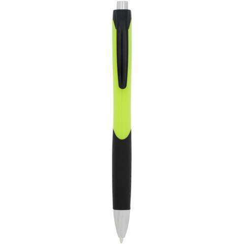 Click action ballpoint pen with rubberized grip.