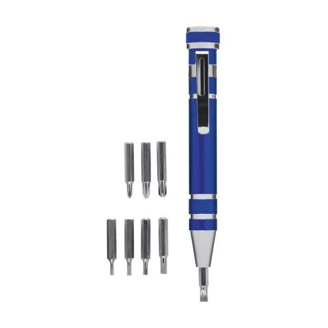 Aluminium toolpen with a metallic finish. With sturdy clip and 8 tools. Each item is individually boxed.